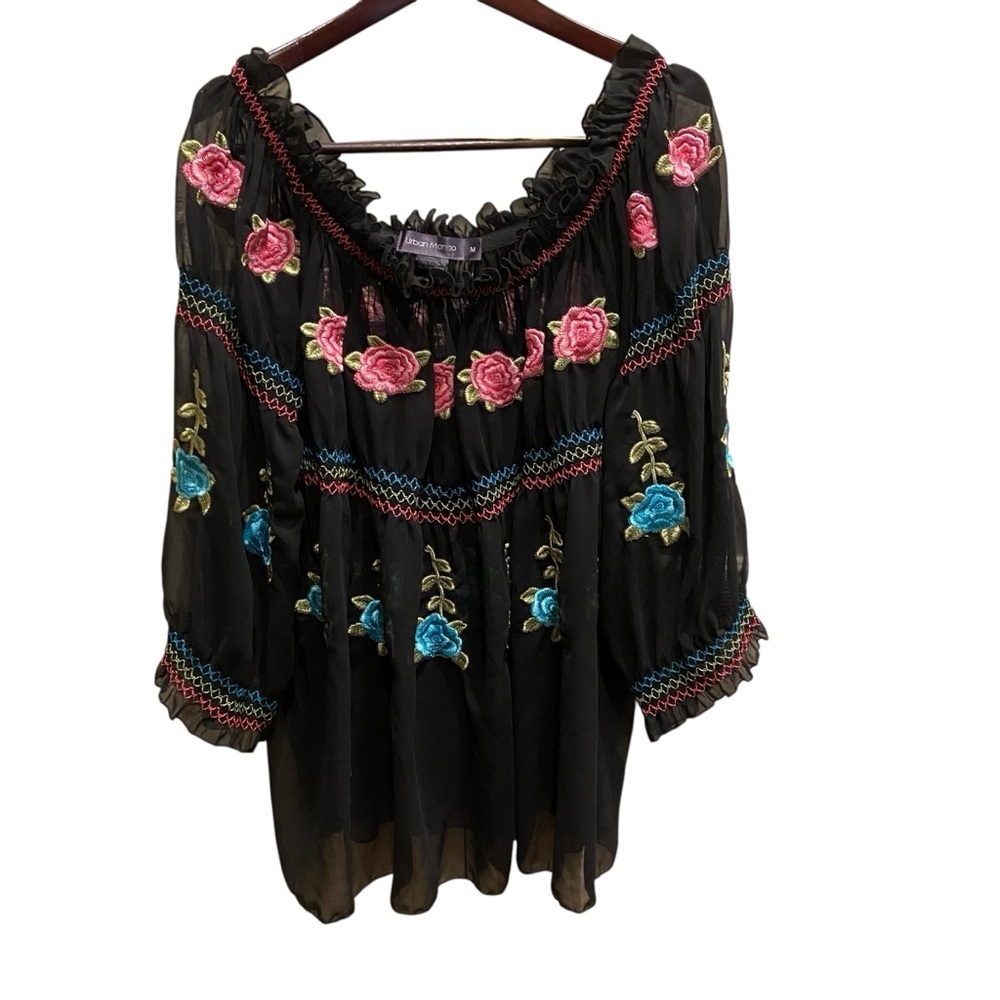 Urban Mango Womens Black Sheer Tunic Size M Floral Embroidered Boho Hippie NWT